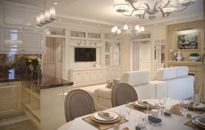 Hogyan készítsünk egy konyha-nappali klasszikus stílusban