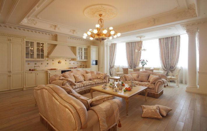 Hogyan készítsünk egy konyha-nappali klasszikus stílusban