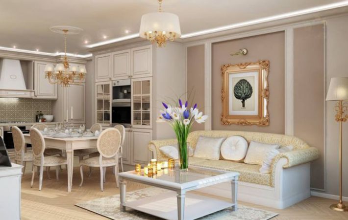 Hogyan készítsünk egy konyha-nappali klasszikus stílusban