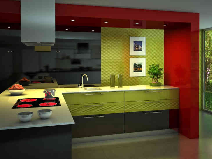 Jó hangulatú belső tér: színes konyha