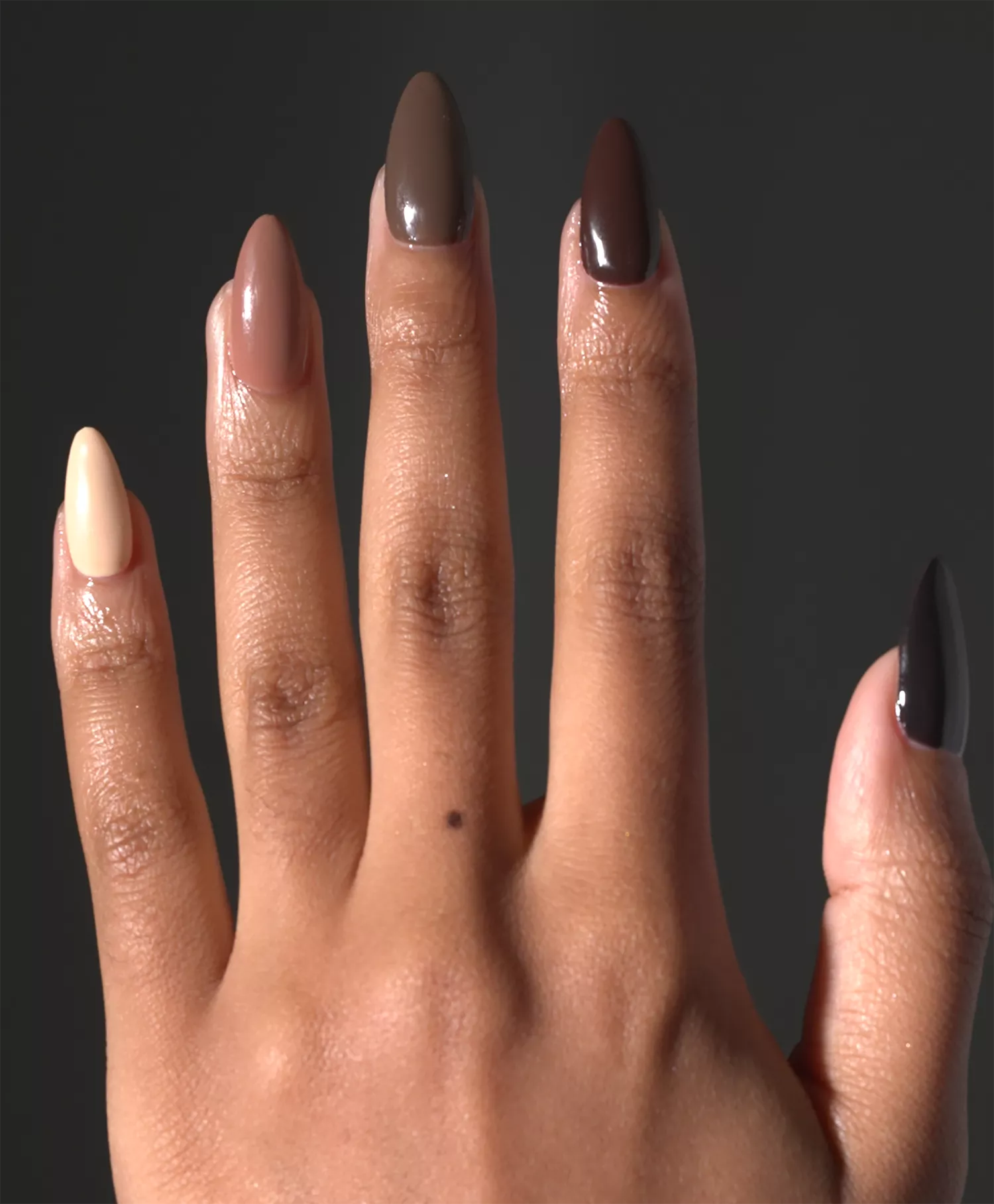 Közeli kép egy manikűrről a barna színátmenetes árnyalataiban