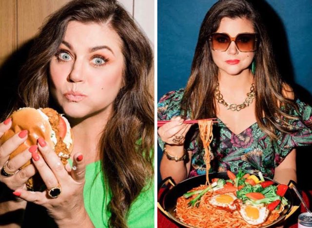 tiffani thiessen csirkés szendvicset és tésztát eszik