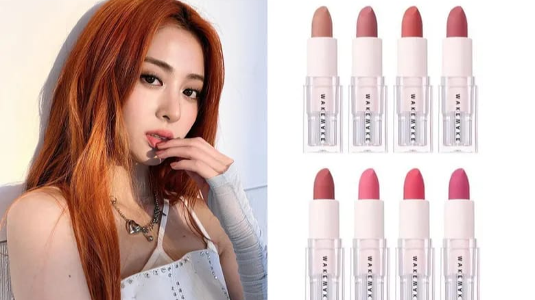 A Yun Jin Le SSERAFIM elpirul a WAKEMAKE Velvet Blurring Matte Stick rúzsával (instagram/@lesserafim.yunjiin)