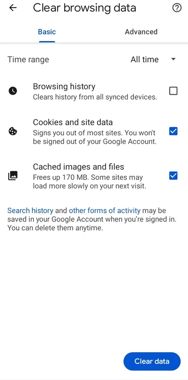 Cookie-k törlése a Google Chrome-ban / Képernyőkép