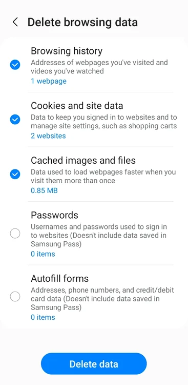 Törölje a Samsung internetes cookie-kat / képernyőképet