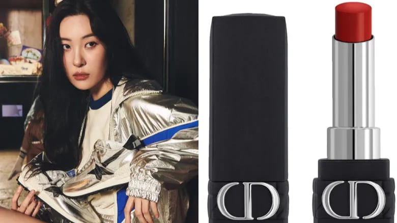 A Sun Mi pirosítónak tűnik a Dior Beauty Rouge Dior Forever rúzsával (Golden Goose és Dior)