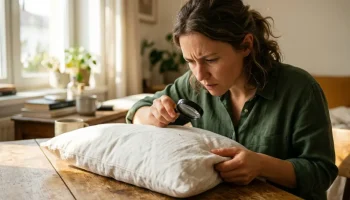 Egy nő nagyítóval vizsgálja az ágyneműjét reggeli fényben, utalva a poratkák elleni küzdelemre.
