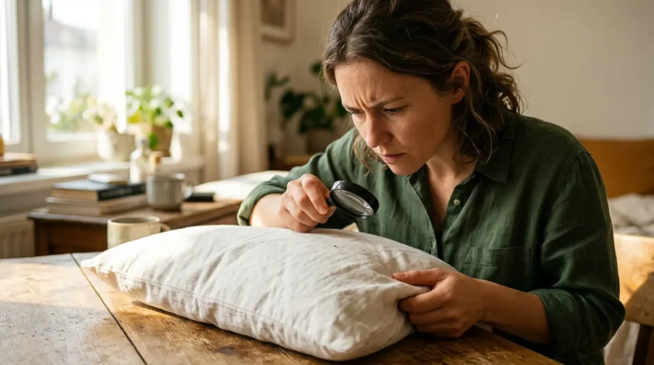 Egy nő nagyítóval vizsgálja az ágyneműjét reggeli fényben, utalva a poratkák elleni küzdelemre.