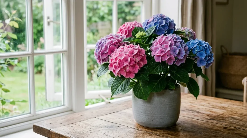 Élethű közeli kép egy cserép kék és rózsaszín hortenziáról egy faasztalon, anyák napi ajándék ötlet.