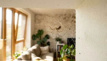 Egy hosszú lábú álkaszáspók egy modern lakás sarkában szőtt hálóján, természetes napfényben.