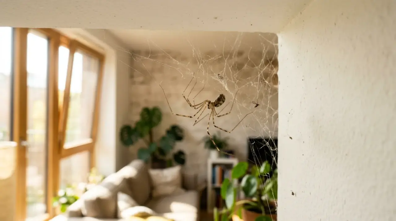 Egy hosszú lábú álkaszáspók egy modern lakás sarkában szőtt hálóján, természetes napfényben.