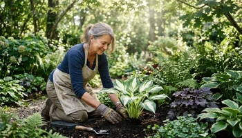Kertész nő árnyékliliomot ültet egy dús, árnyékos kerti zugban, ahol páfrányok és színes tűzesők díszítik a talajt.
