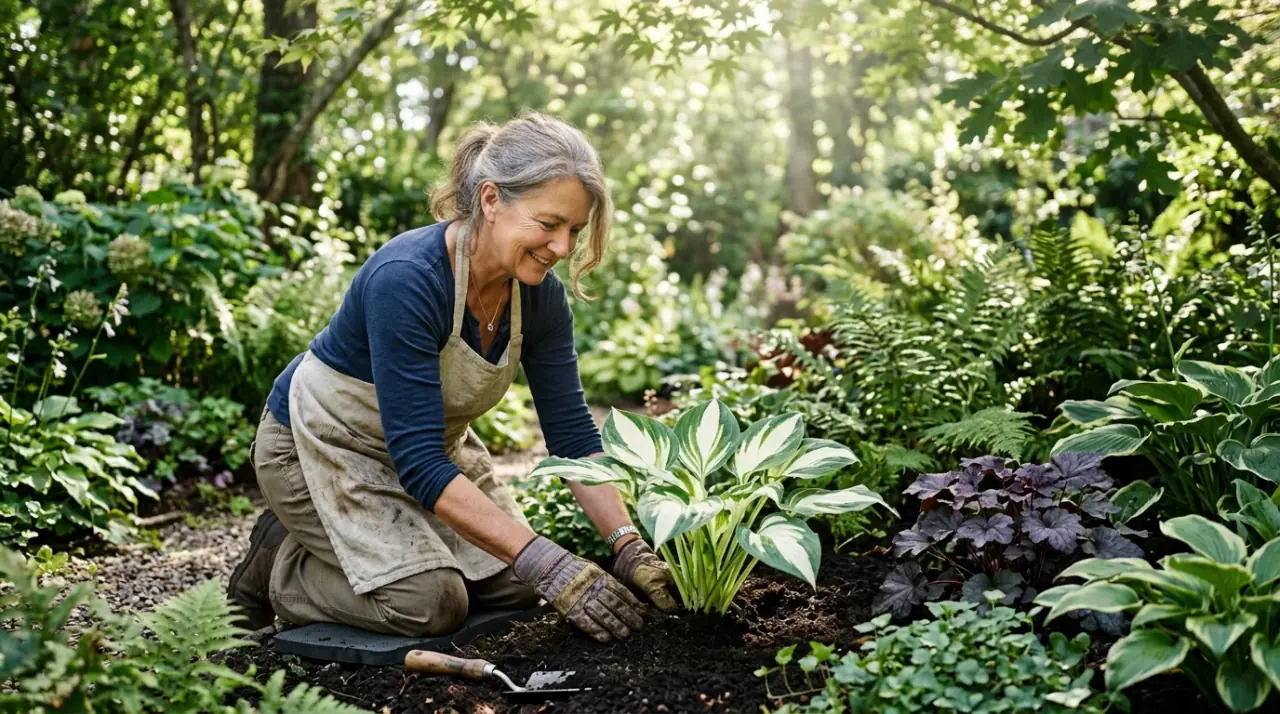 Kertész nő árnyékliliomot ültet egy dús, árnyékos kerti zugban, ahol páfrányok és színes tűzesők díszítik a talajt.