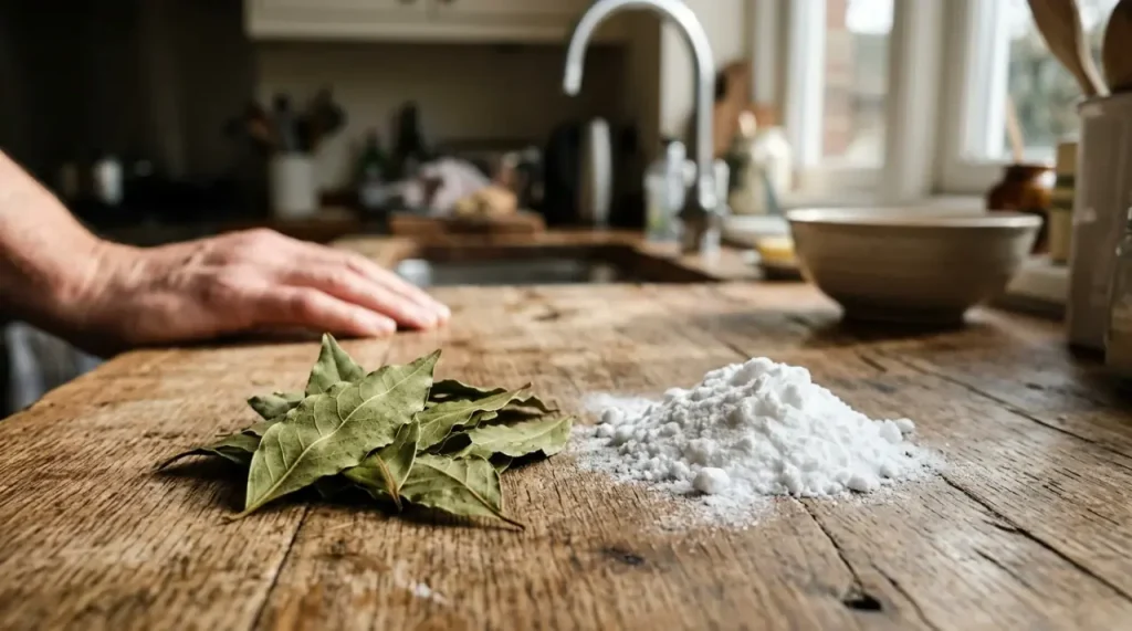 Babérlevelek és szódabikarbóna egy rusztikus faasztalon a konyhában, természetes megvilágításban.