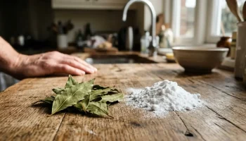 Babérlevelek és szódabikarbóna egy rusztikus faasztalon a konyhában, természetes megvilágításban.