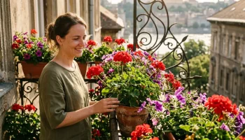 Dúsan virágzó muskátlik és petúniák agyagcserépben egy napsütötte erkélyen.