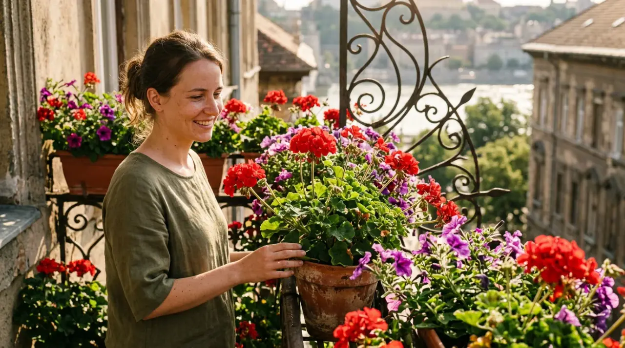 Dúsan virágzó muskátlik és petúniák agyagcserépben egy napsütötte erkélyen.