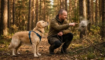 Egy aggódó gazdi egy fenyőfán lévő búcsújáró hernyó fészket mutat a kutyájának az erdőben napsütésben.