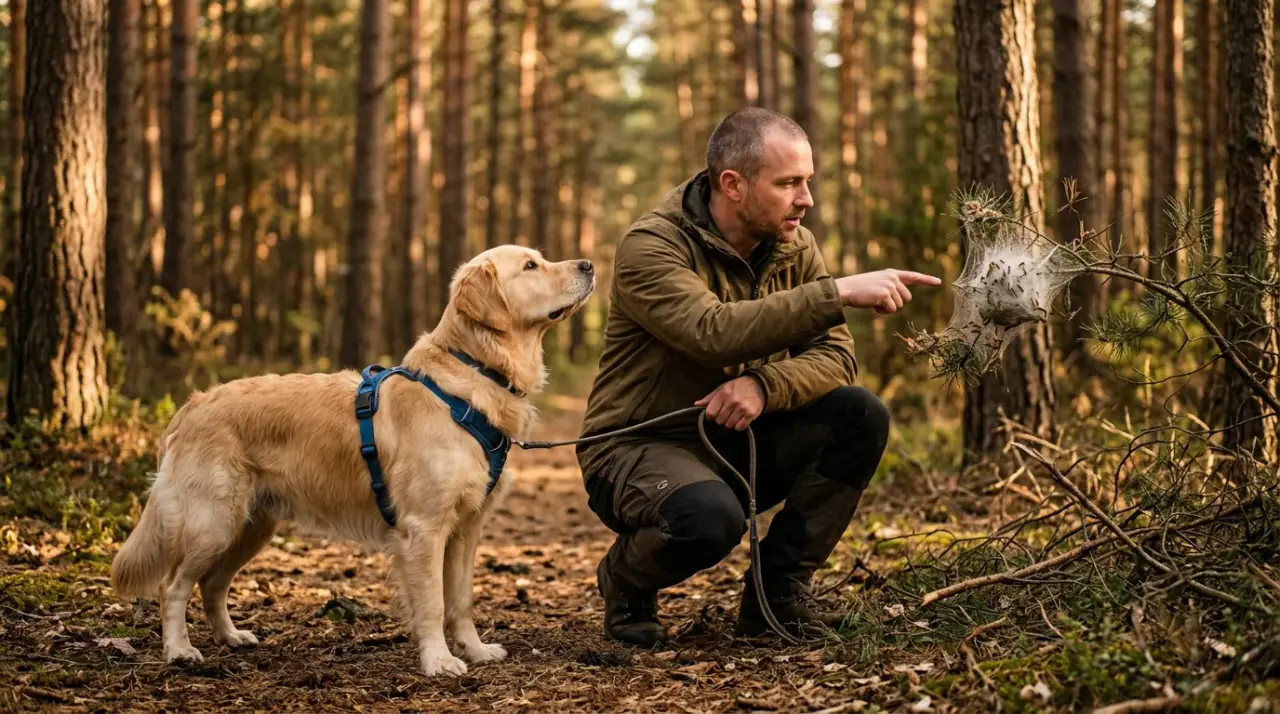 Egy aggódó gazdi egy fenyőfán lévő búcsújáró hernyó fészket mutat a kutyájának az erdőben napsütésben.