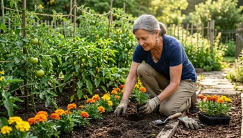 Kertészkedő nő bársonyvirágot ültet a veteményes ágyás szélére a nematódák elleni védelem érdekében.
