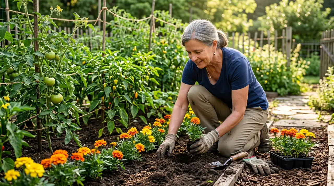 Kertészkedő nő bársonyvirágot ültet a veteményes ágyás szélére a nematódák elleni védelem érdekében.