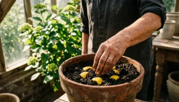 Egy kéz éppen apró citromhéj darabokat ás be a sötét virágföldbe egy cserépben, egy egészséges növény mellett.