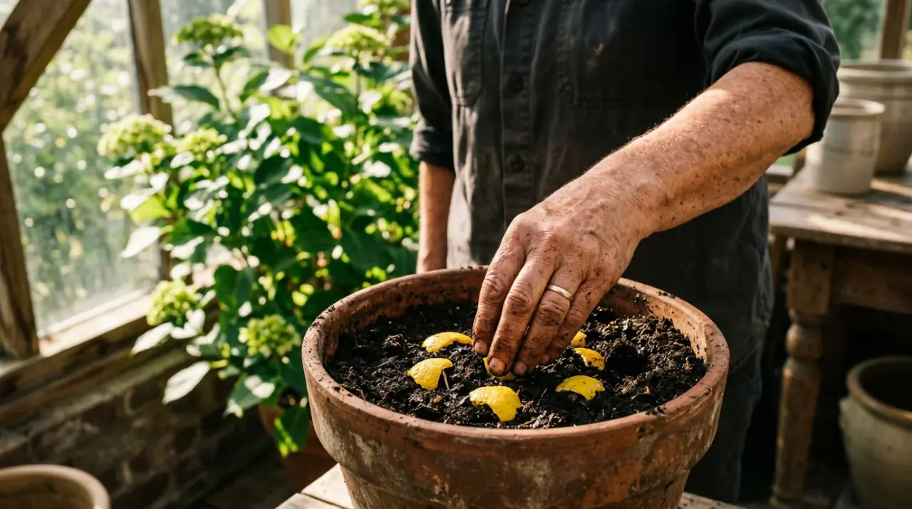 Egy kéz éppen apró citromhéj darabokat ás be a sötét virágföldbe egy cserépben, egy egészséges növény mellett.