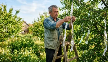 Kertész alufólia csíkokat rögzít a cseresznyefa ágaira a madarak elriasztása érdekében napfényes tavaszi időben.