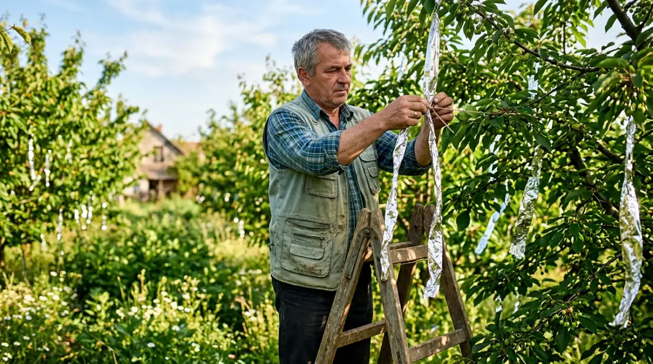 Kertész alufólia csíkokat rögzít a cseresznyefa ágaira a madarak elriasztása érdekében napfényes tavaszi időben.