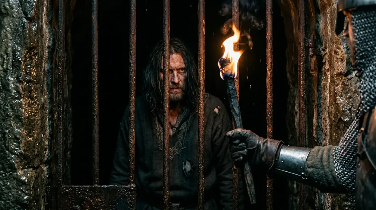 Középkori börtönrácsok mögött sínylődő alak a budavári Labirintus sötétjében, fáklyafénynél.