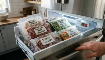 Vákuumcsomagolt, feliratozott fagyasztott húsok és zöldségek egy modern mélyhűtőben, -18 fokos hőmérséklet mellett.