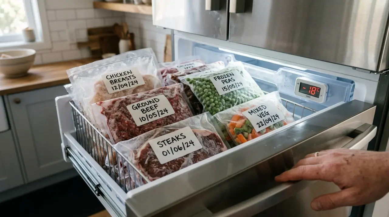 Vákuumcsomagolt, feliratozott fagyasztott húsok és zöldségek egy modern mélyhűtőben, -18 fokos hőmérséklet mellett.