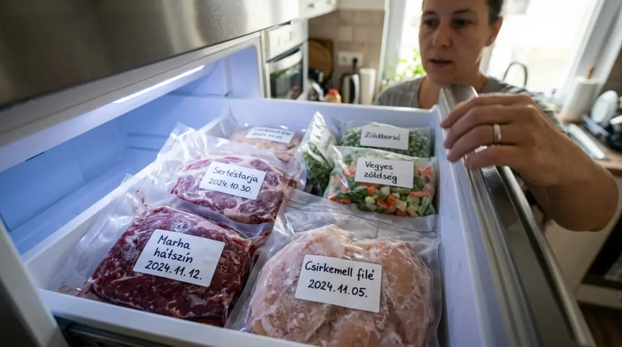 Vákuumcsomagolt húsok és zöldségek feliratozva egy modern mélyhűtő fiókjában.