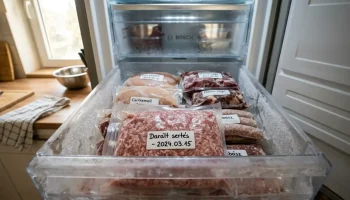 Vákuumcsomagolt és feliratozott fagyasztott húsok egy modern hűtőszekrény fiókjában.