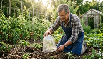 Kertész éppen fóliakolpakkal védi a paradicsompalántát a hűvös reggeli fényekben