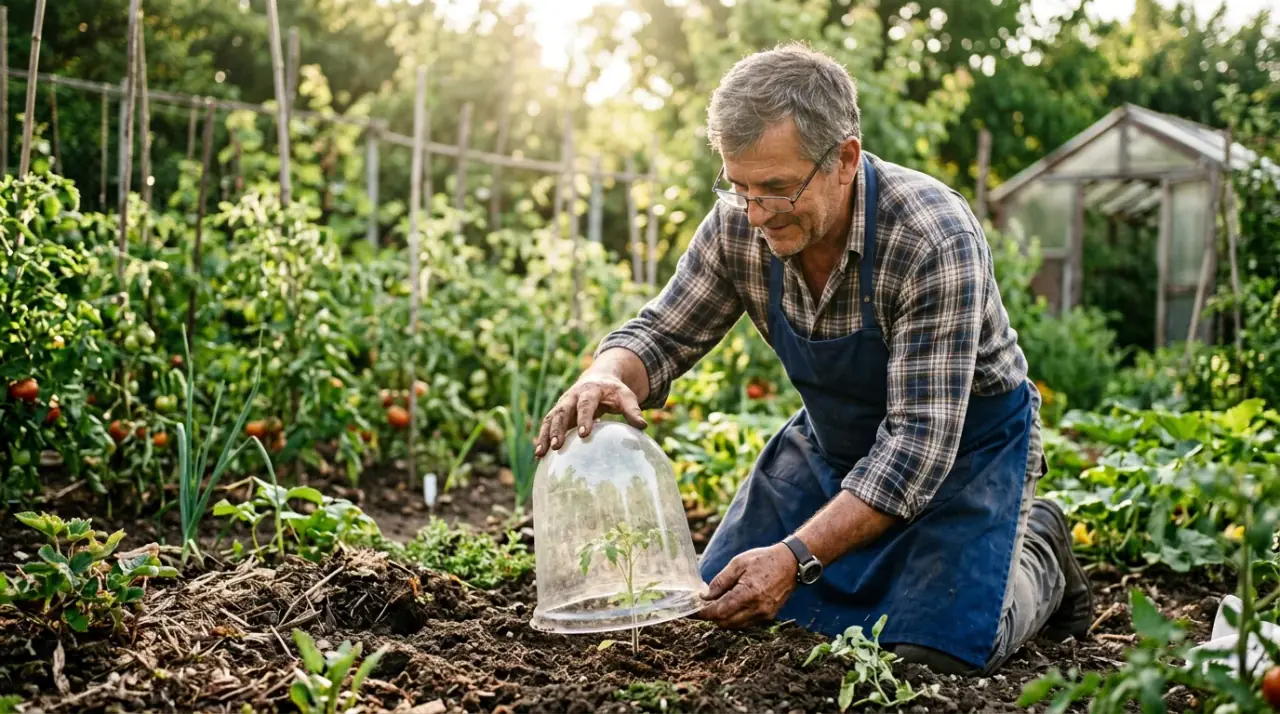 Kertész éppen fóliakolpakkal védi a paradicsompalántát a hűvös reggeli fényekben