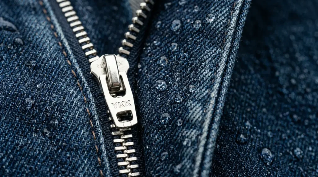 Közeli felvétel egy sötétkék farmernadrág textúrájáról és egy fém cipzárról, bemutatva a minőségi szövet részleteit.