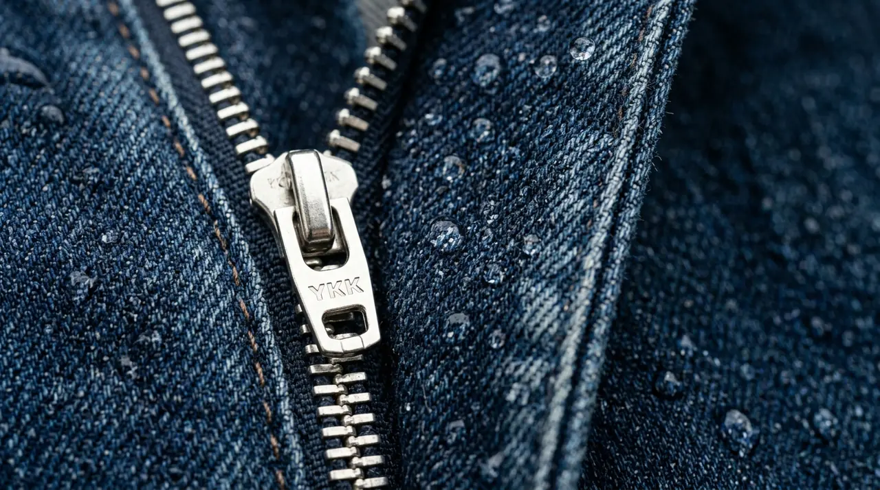 Közeli felvétel egy sötétkék farmernadrág textúrájáról és egy fém cipzárról, bemutatva a minőségi szövet részleteit.