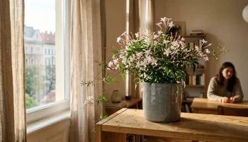 Fehér virágú jázmin növény egy modern, napfényes budapesti nappaliban, szürke kerámia kaspóban.