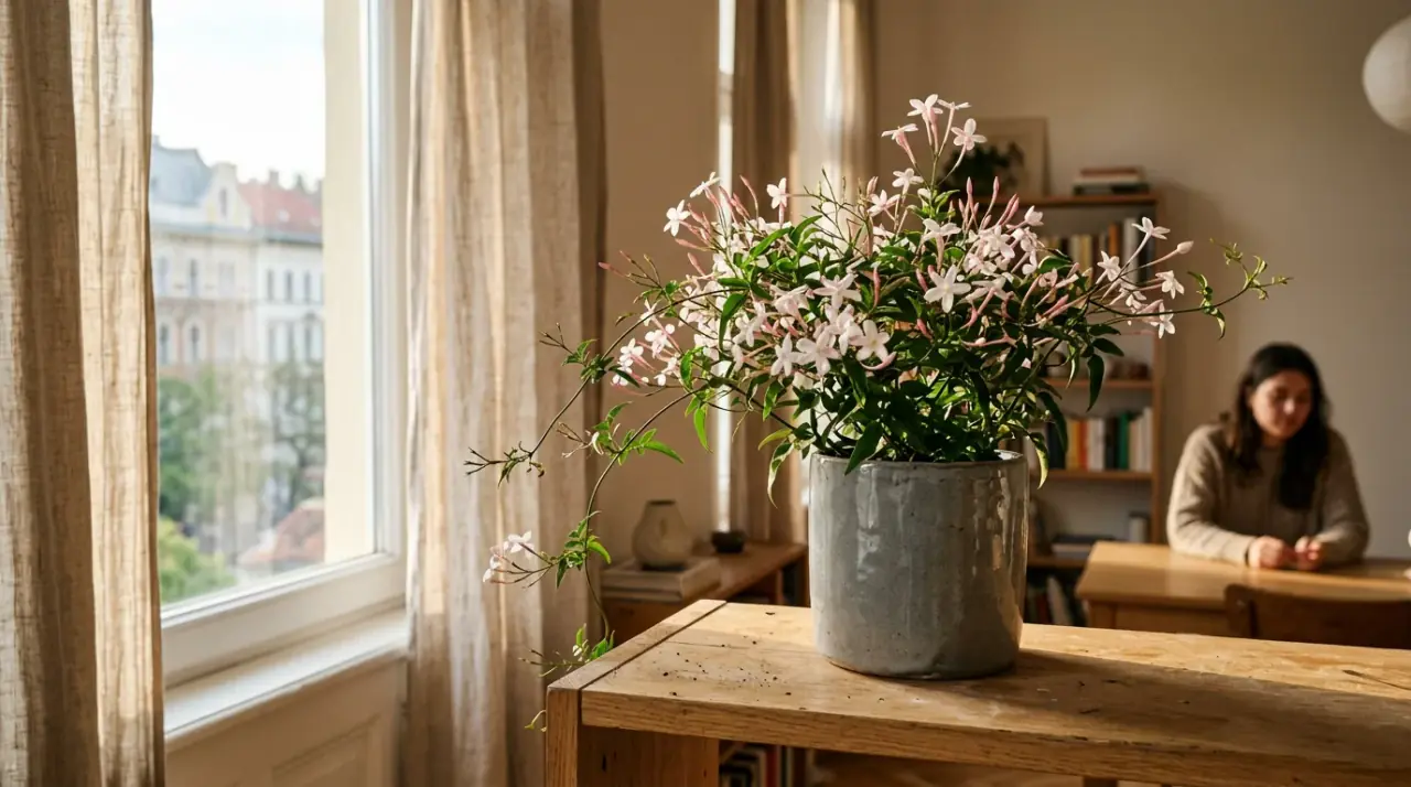 Fehér virágú jázmin növény egy modern, napfényes budapesti nappaliban, szürke kerámia kaspóban.