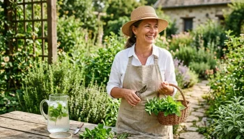 Egy nő friss mentát szüretel a napsütötte kertben egy kancsó frissítő gyógynövényes ital mellett.