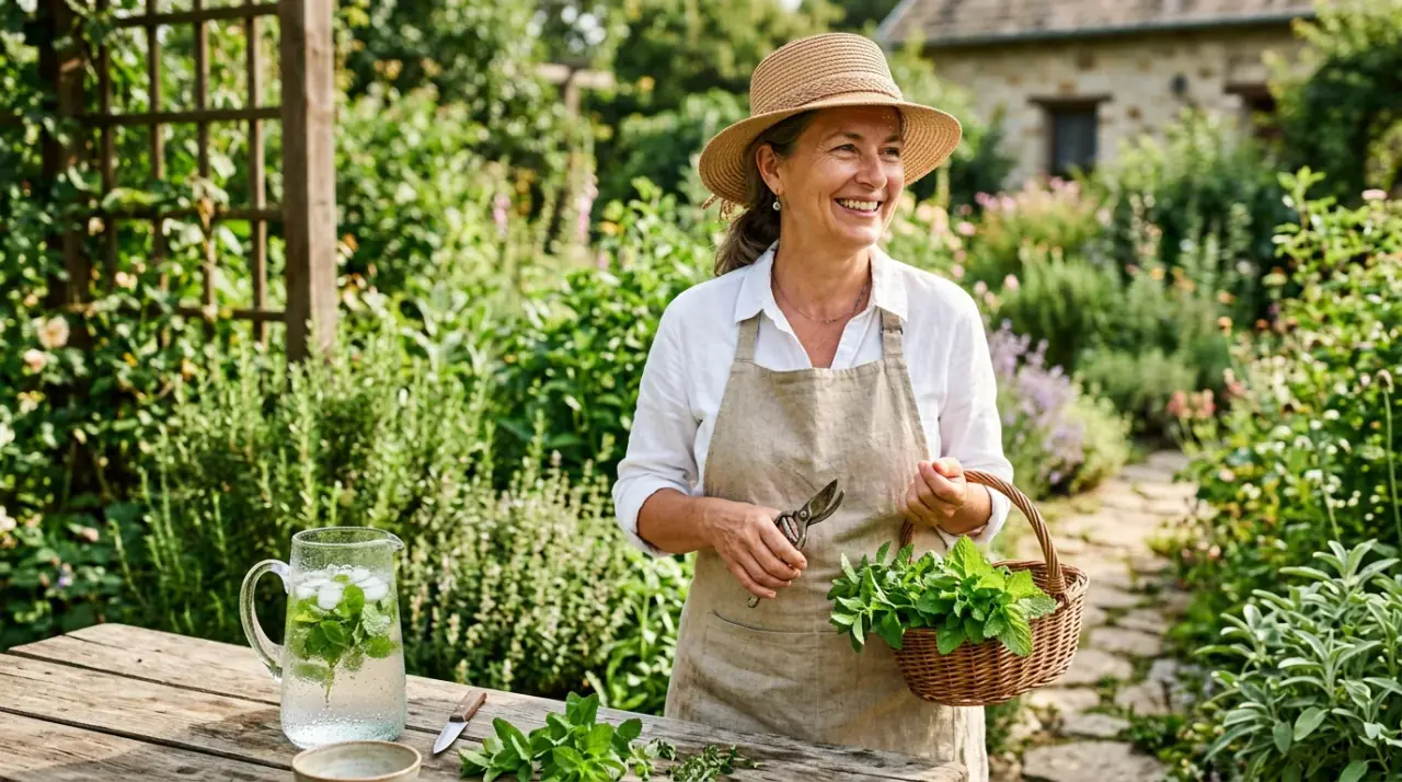 Egy nő friss mentát szüretel a napsütötte kertben egy kancsó frissítő gyógynövényes ital mellett.