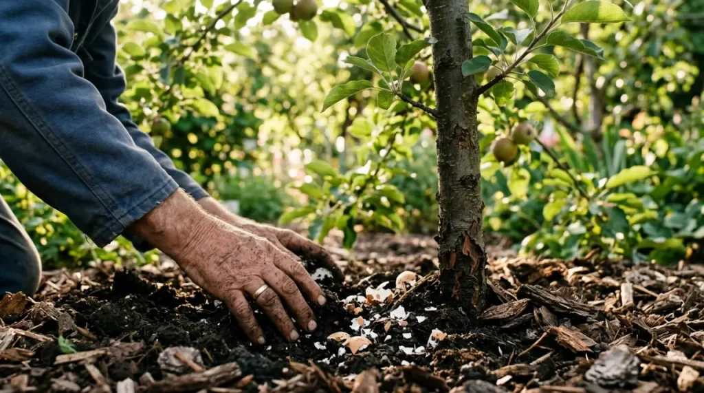 Kertész keze kávézaccot és tojáshéjat kever a gyümölcsfa alatti földbe napfényes időben.