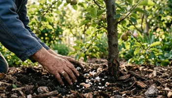 Kertész keze kávézaccot és tojáshéjat kever a gyümölcsfa alatti földbe napfényes időben.