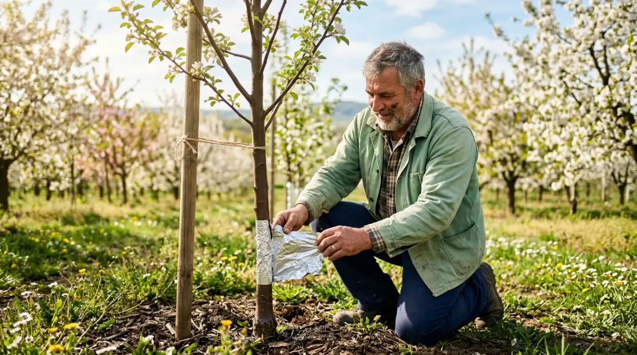 Egy kertész éppen eltávolítja a védőfóliát egy fiatal gyümölcsfa törzséről a tavaszi napsütésben.