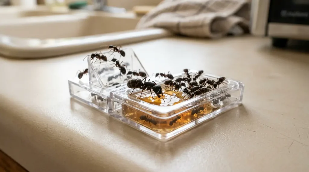 Fekete kerti hangyák egy modern átlátszó csalétekállomásnál egy tiszta konyhapulton, makró felvétel.