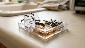 Fekete kerti hangyák egy modern átlátszó csalétekállomásnál egy tiszta konyhapulton, makró felvétel.