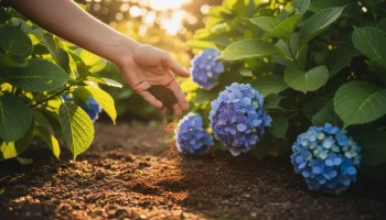 Kék hortenzia bokor tövére kávézaccot szóró kéz a kertben napsütésben.