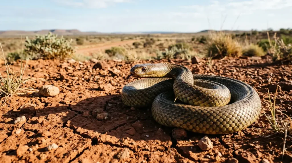Egy Inland taipan kígyó a repedezett ausztrál sivatagi talajon, napfényes megvilágításban.