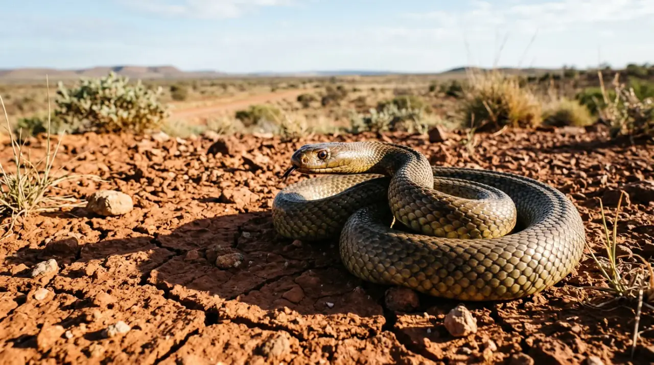 Egy Inland taipan kígyó a repedezett ausztrál sivatagi talajon, napfényes megvilágításban.